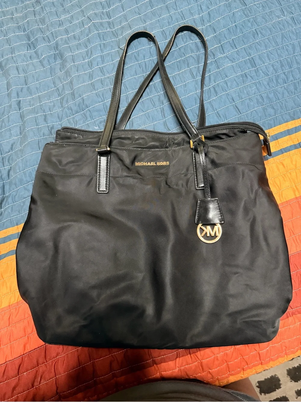 Michael Kors Black Nylon Tote with Gold MK Charm